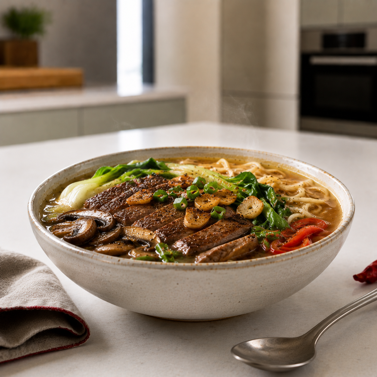 Bone Broth Ramen with Sautéed Garlic and Vegetables